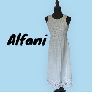 Alfani Bright White Lace Sleeveless Midi Dress with Round Neck